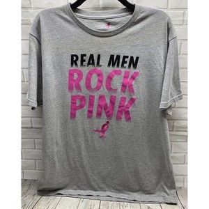 Men's Real Men Rock Pink Crew Neck Graphic Short Sleeve T-Shirt Gray Size XL